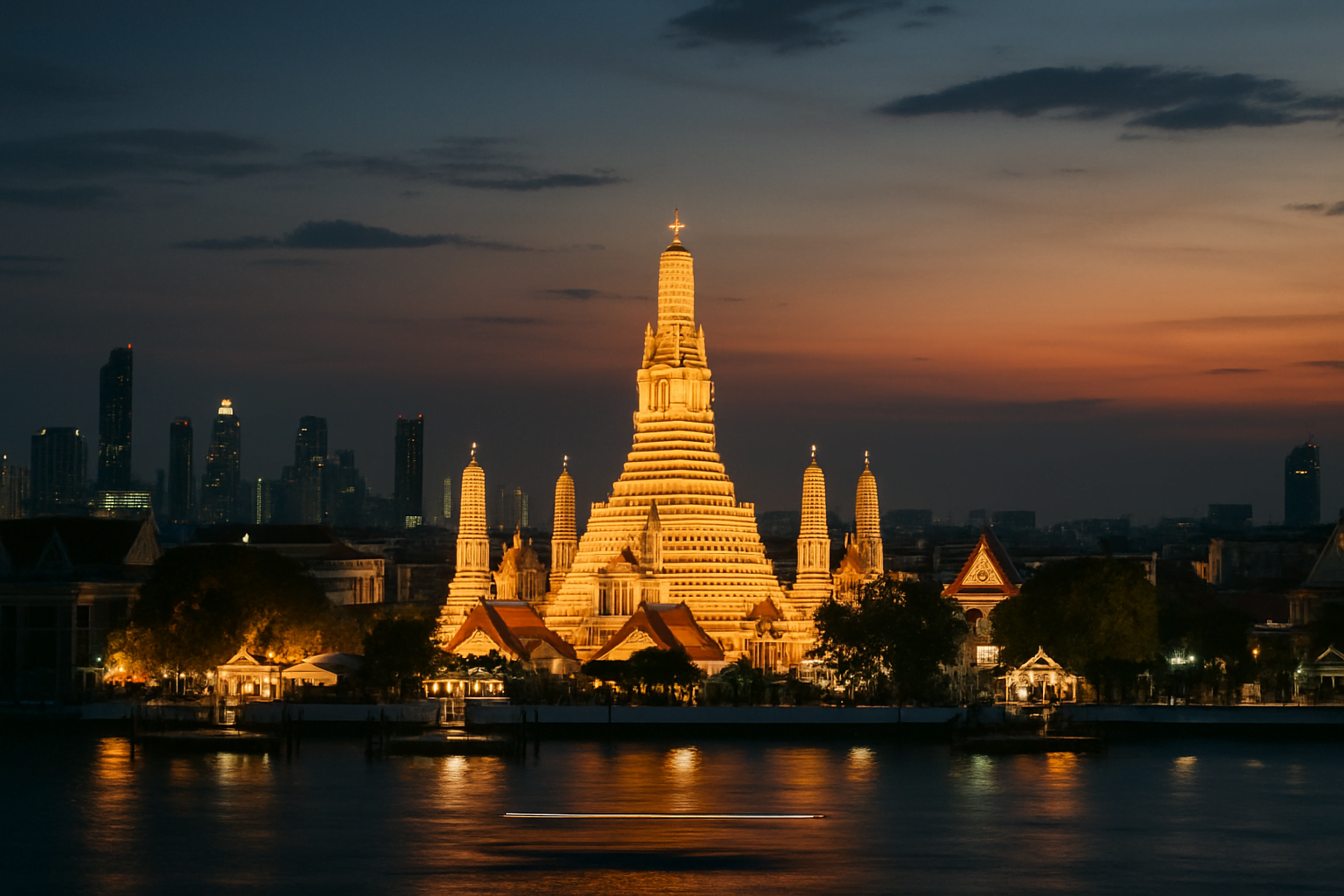 Wat Arun temple lit up at sunset in Bangkok, Thailand – best time to visit Bangkok for stunning evening views.