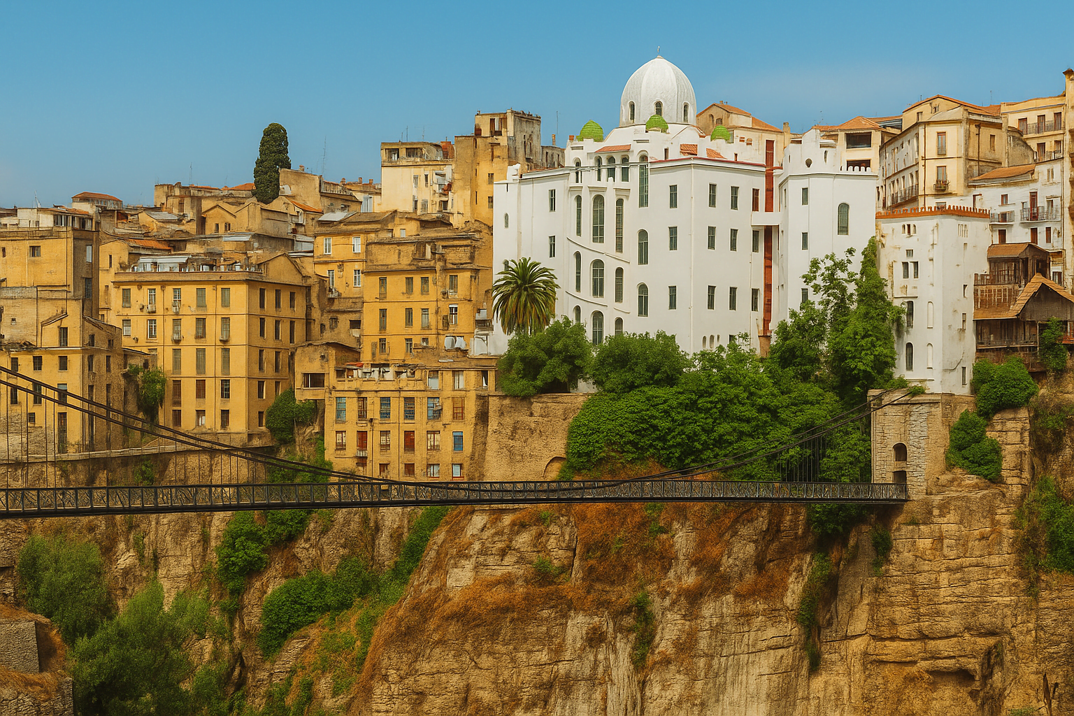 Constantine, Algeria cityscape with historic buildings and the Sidi M’Cid Suspension Bridge during the best time to visit Constantine.