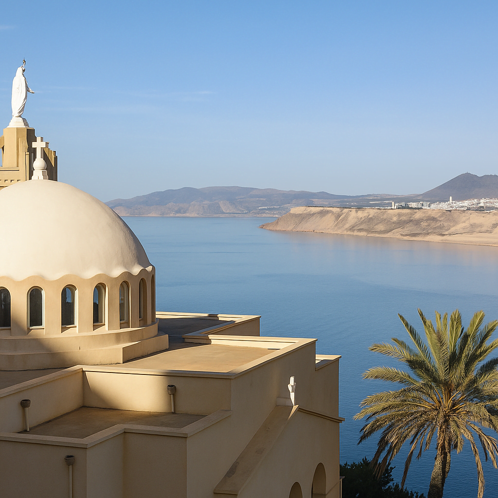 View of Notre-Dame d’Afrique basilica overlooking the Mediterranean Sea in Oran, Algeria, with clear skies and coastal scenery — Best time to visit Oran.