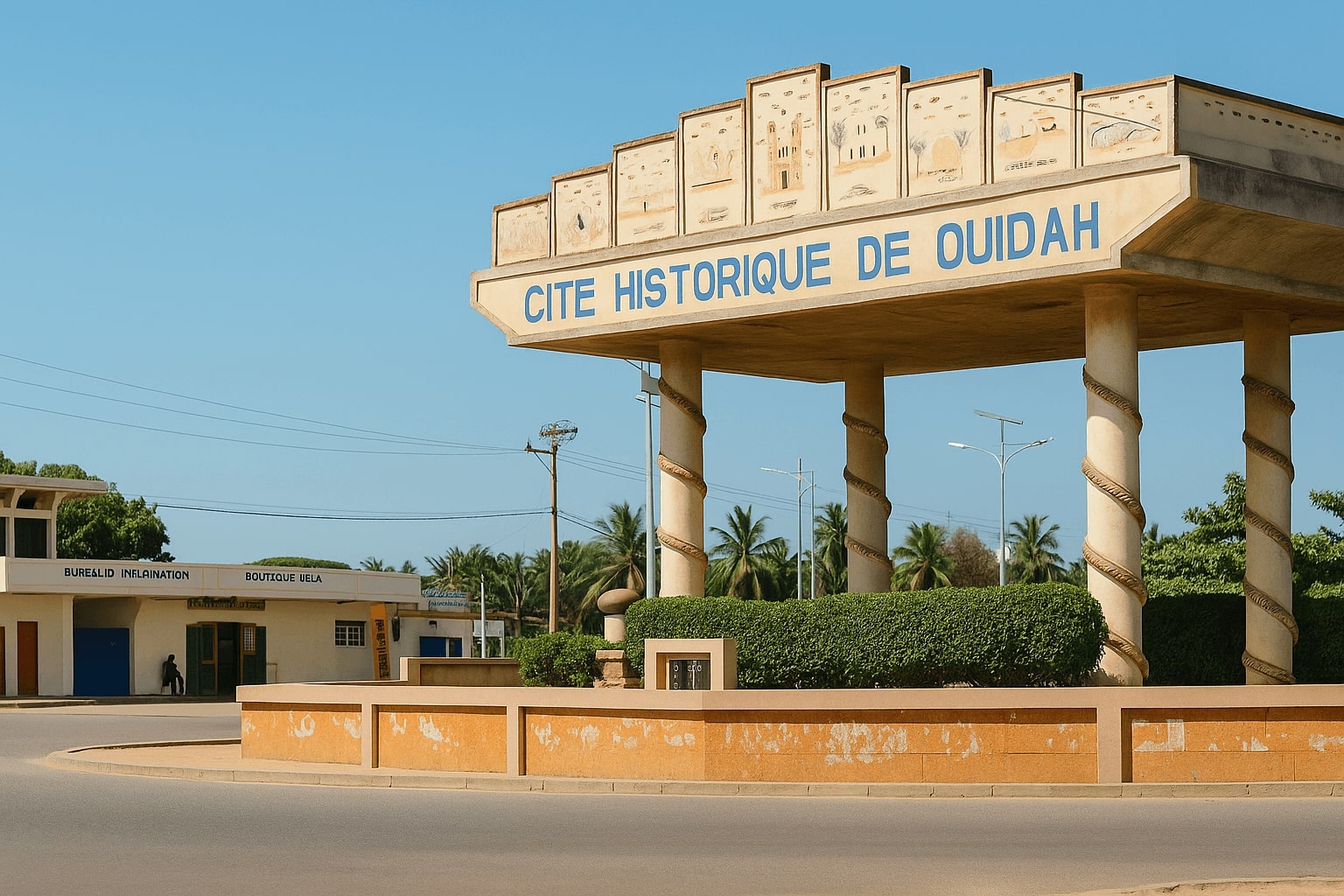 Cité Historique de Ouidah landmark in Benin during dry season, clear skies and palm trees — Best time to visit Ouidah.