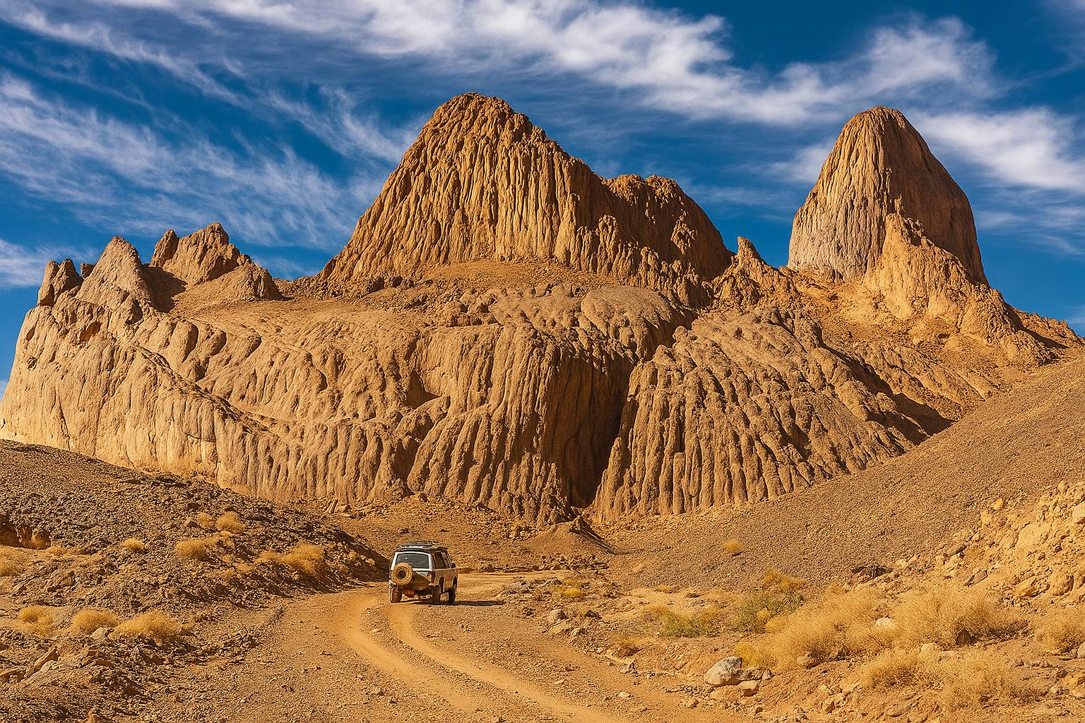 Scenic view of rugged mountains in Tamanrasset, Algeria, with a 4x4 vehicle on a desert trail under blue skies — Best time to visit Tamanrasset.