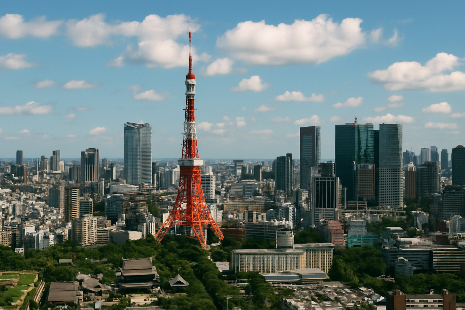 Tokyo skyline during daytime with Tokyo Tower and modern skyscrapers, representing the best time to visit Tokyo in clear weather.
